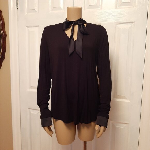 LORD & TAYLOR Classic Black V-neck Long Sleeve Blouse w Satin Neck Tie - Size L - Picture 2 of 12